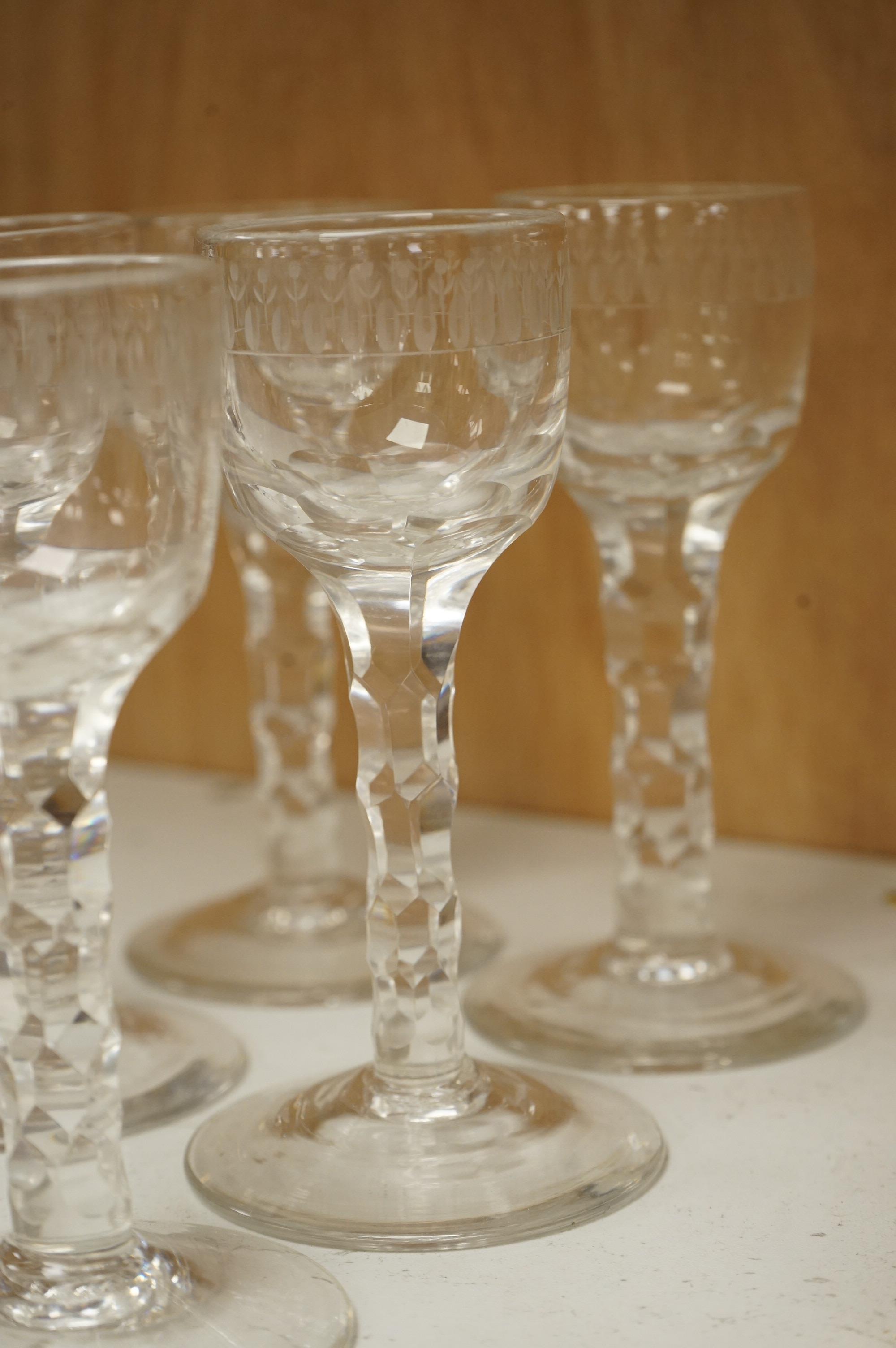 A set of six faceted wine glasses, c.1780, 14cm high